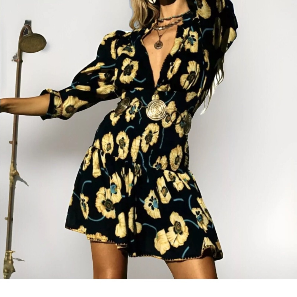 Chasing Unicorns Black and Yellow Floral Long Sleeve Dress